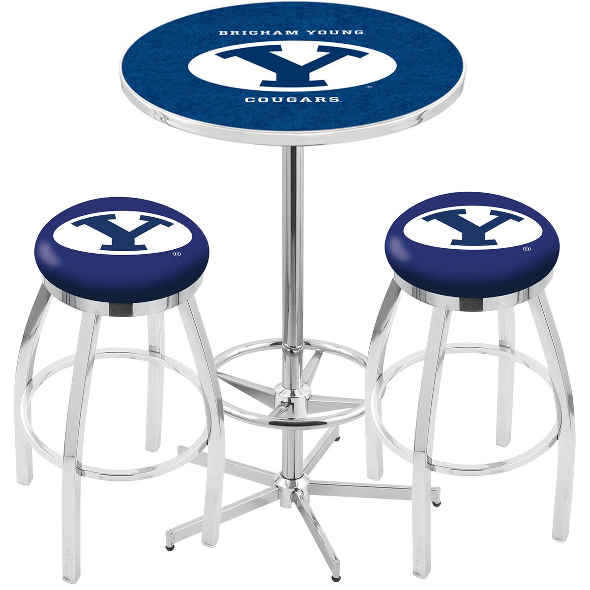 42 Chrome Byu Pub Table With Two 30 Byu Bar Stools Legacy Collection