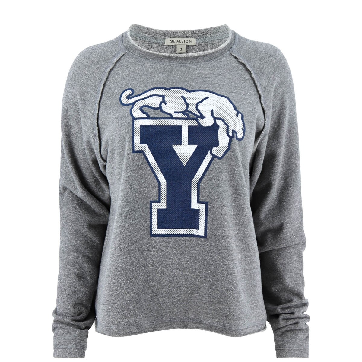 Gray BYU sweatshirt, front view, with Retro Cougar Over Block Y logo
