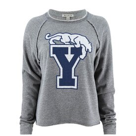 Gray BYU sweatshirt, front view, with Retro Cougar Over Block Y logo